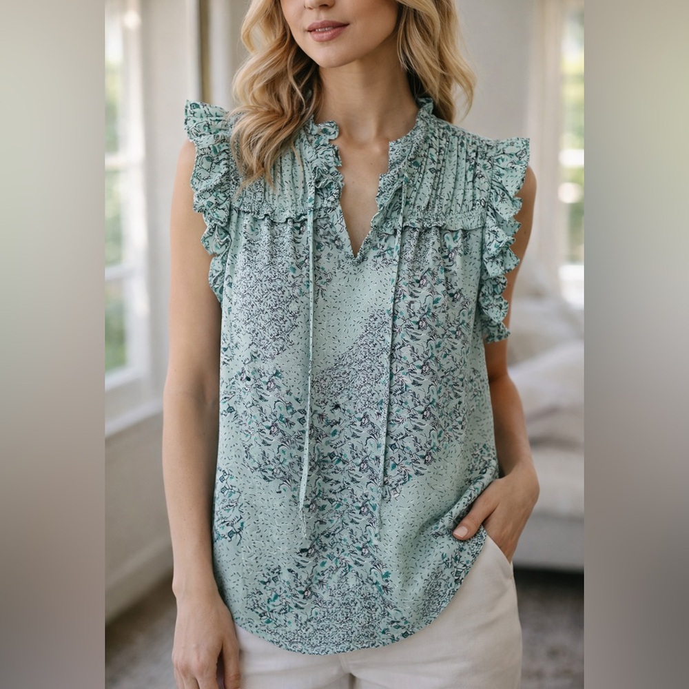 Carolina Belle Mint Floral Blouse with Ruffle Sleeves